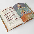 Open book with colorful illustrations and text on a white background