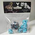 Set of blue dice with black markings in a clear plastic bag, branded 'Bejeweled'.