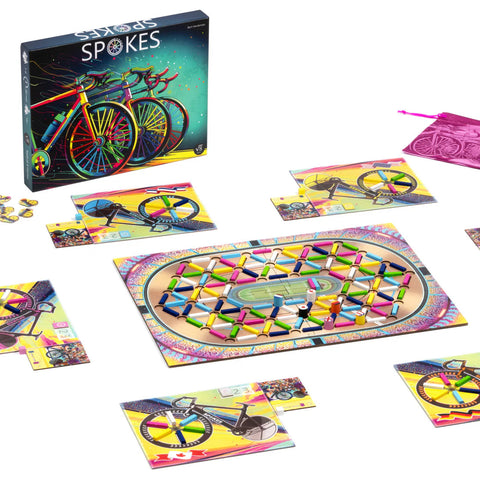 Spokes board game components on a white background