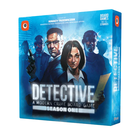 The board game box for 'Detective: A Modern Crime Board Game Season One' by 1ns Games. The packaging features a blue background with illustrated characters in dark suits and a prominent white title.