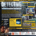 Back cover of a detective-themed board game with text and images of a cityscape and two people.