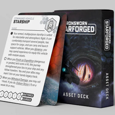 Card and box of Ironsworn Arforged game assets on a gray background