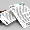 Close-up of a card game card with text and graphics on a gray background