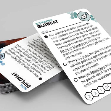 Close-up of a card game card with text and graphics on a gray background