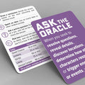 Two cards from a game set on a gray background, one purple with text and the other white with icons and text.