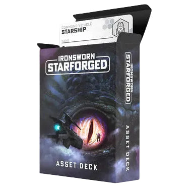 Card game asset deck packaging for 'Ironsworn Starforged' on a gray background