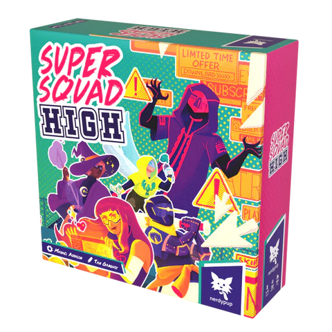 Colorful box of 'Super Squad High' with stylized characters and text.