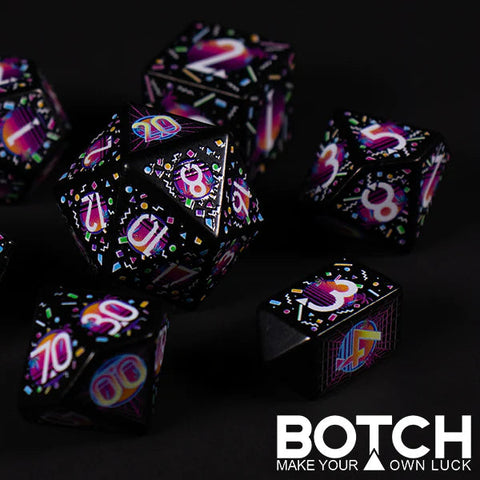 Colorful dice set with a dark background and 'BOTCH' branding.