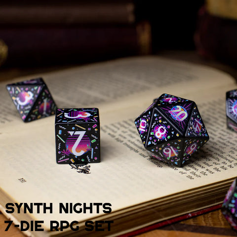 Set of polyhedral dice with colorful design on an open book, featuring 'BOTCH' branding.