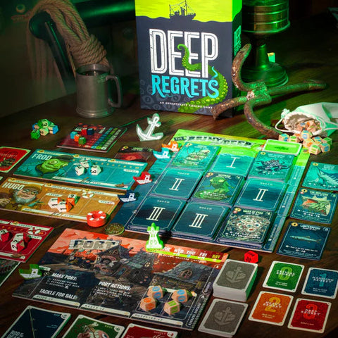 Board game 'Deep Regrets' with cards and pieces on a table