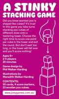 Game box for 'A Stinky Stacking Game' with text and illustration of a hand stacking cubes on a pink background.