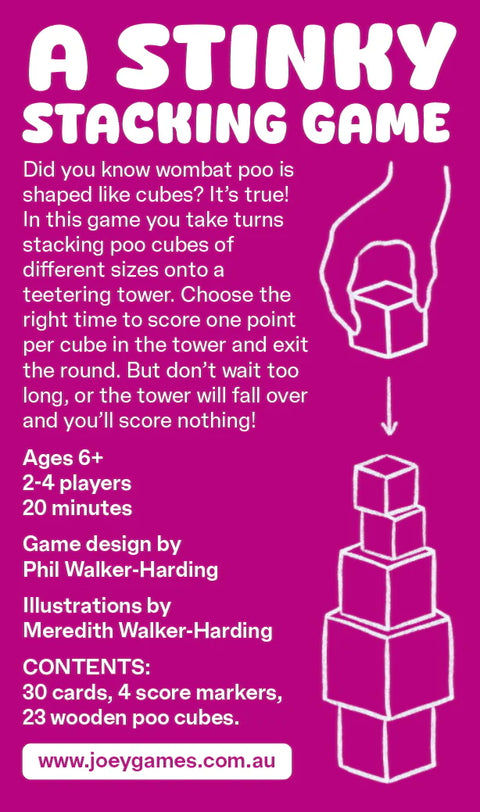 Game box for 'A Stinky Stacking Game' with text and illustration of a hand stacking cubes on a pink background.