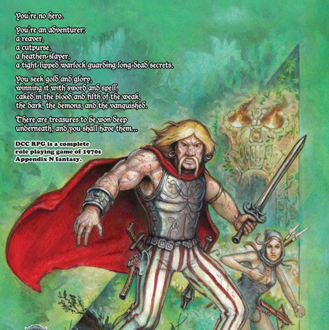 Fantasy RPG book cover with warrior, green background
