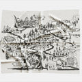 A square off-white fabric item, likely a bandana or napkin, printed with a black hand-drawn fantasy map featuring landmarks such as 'The Palace of Light', 'The Mines', and 'The Forest'.