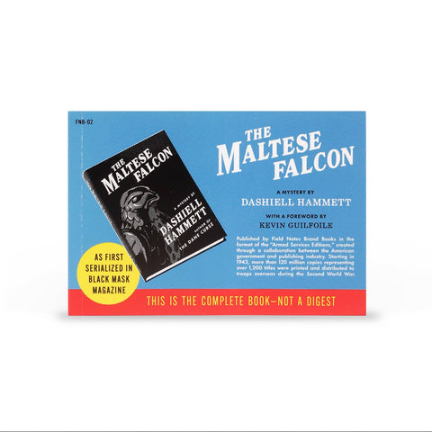Book cover of 'The Maltese Falcon' by Dashiell Hammett with a blue and red background