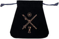 Black drawstring pouch with crossed swords and a pentagram design on a white background