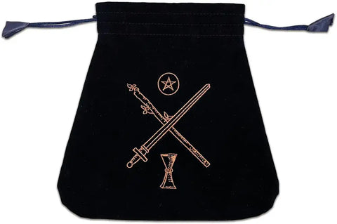 Black drawstring pouch with crossed swords and a pentagram design on a white background
