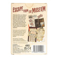 Back cover of 'Escape from the Museum' puzzle game packaging with text and illustrations.