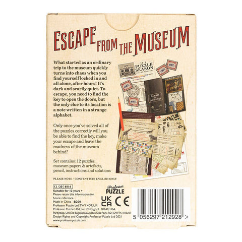 Back cover of 'Escape from the Museum' puzzle game packaging with text and illustrations.