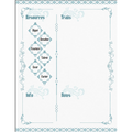 A decorative printable planner page or notepad with a light blue ornamental border and labeled sections for Resources, Traits, Info, and Notes. The left side contains a vertical chain of diamond boxes reading Vigor, Resolve, Essence, Talent, Gear, and Factor, with the heading Resources above.