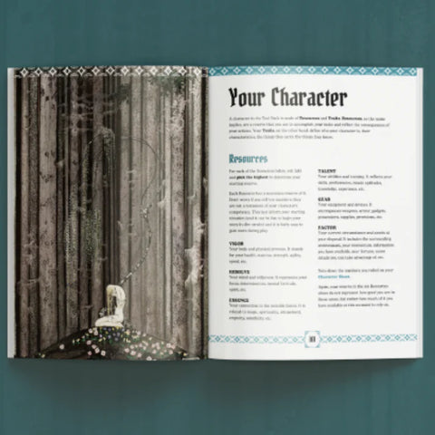 Open book showing a character description page with a forest illustration on a teal background