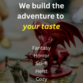 Tabletop gaming scene with fantasy elements and text about customizable adventures.