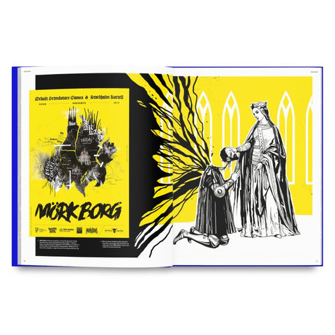 Open book showing two illustrations on a yellow background