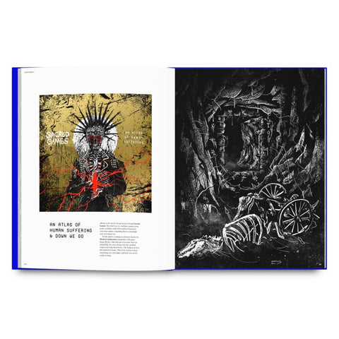 Open book showing two artistic illustrations on a white background