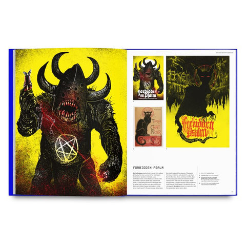 Illustrated book page with a dark creature and artwork on a yellow background