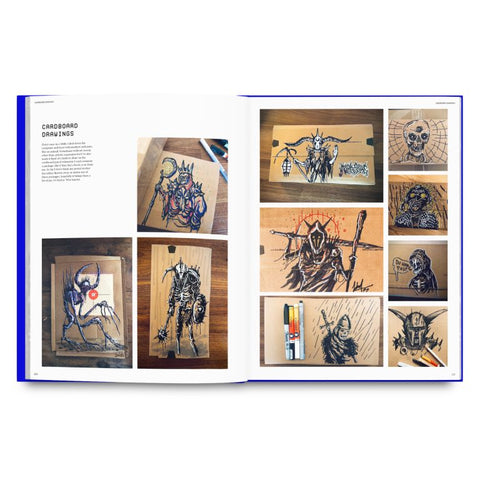 Open book displaying illustrations of cardboard art on a white background