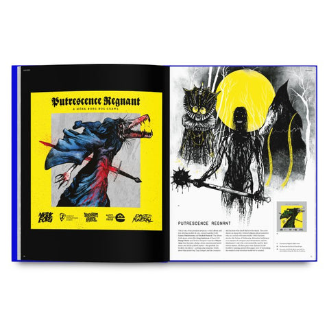 Double-page spread from a book or magazine with artistic illustrations and text.