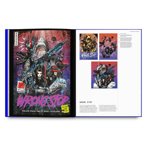 Book open to a page with 'Wrong Stop' cover art and additional illustrations on a white background