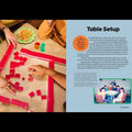 People playing a board game with red tiles on a table, accompanied by text and images about table setup.