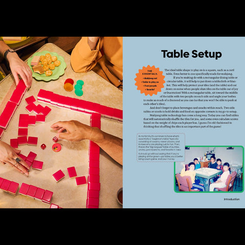 People playing a board game with red tiles on a table, accompanied by text and images about table setup.