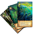 A fan of fantasy trading cards on a plain white background, showing illustrated ocean-themed artwork with a sea monster and a card text box reading 'R'lyeh Slips Beneath the Waves.'.