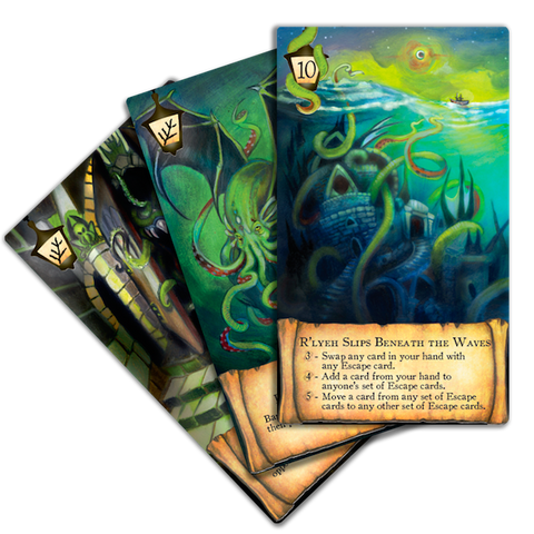 A fan of fantasy trading cards on a plain white background, showing illustrated ocean-themed artwork with a sea monster and a card text box reading 'R'lyeh Slips Beneath the Waves.'.