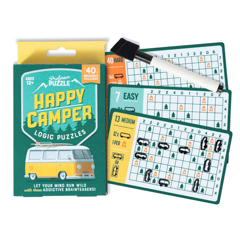 Happy Camper logic puzzles with packaging and puzzle sheets on a white background
