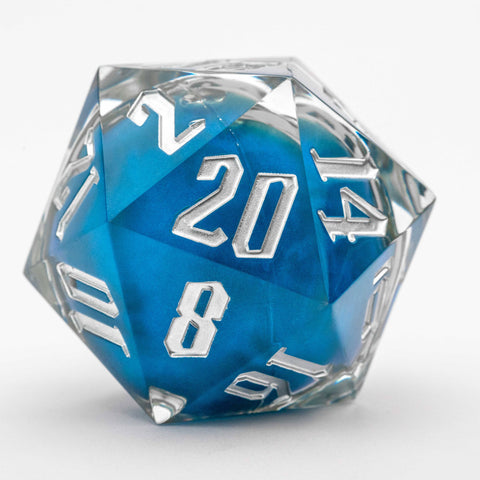 D20 polyhedral dice with blue face numbers on a white background