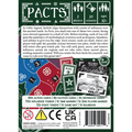 Back cover of the 'Pact' card game box, featuring product details, rules text, included components, and age/playing instructions on a white background with decorative green borders.