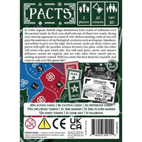Back cover of the 'Pact' card game box, featuring product details, rules text, included components, and age/playing instructions on a white background with decorative green borders.