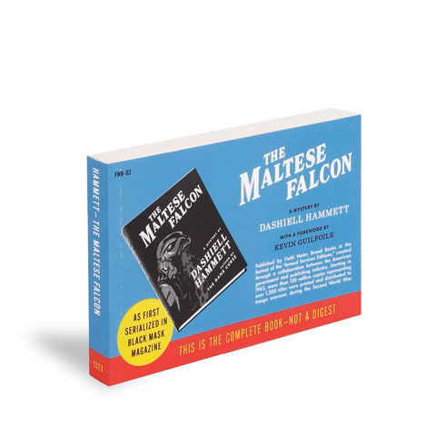 Book cover of 'The Maltese Falcon' by Dashiell Hammett with a blue and red design.