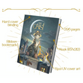 Book titled 'Cats!' with details about hard cover binding, ribbon bookmark, and cover art on a white background.