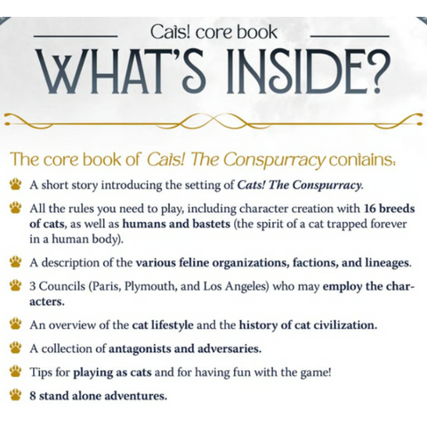 Text describing the contents of a 'Cats! The Conspiracy' core book