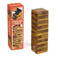 Wooden stacking tower game with packaging on a white background