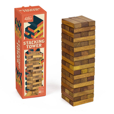 Wooden stacking tower game with packaging on a white background