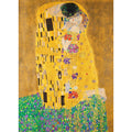 Artistic depiction of 'The Kiss' by Gustav Klimt with a gold background and floral elements.