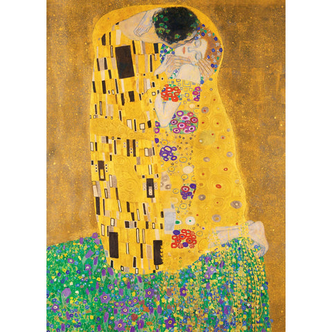Artistic depiction of 'The Kiss' by Gustav Klimt with a gold background and floral elements.