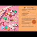 Collection of game accessories including dice, wind disc, and rulers on a pink background with text about accessories.