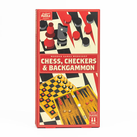 Board game box for Chess, Checkers & Backgammon with chess pieces on a red background