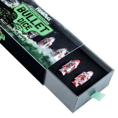 Box of Bullet Dice with dice inside on a white background